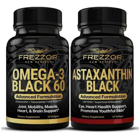FREZZOR Omega 3 Black Green Lipped Mussel Oil, 53x Higher potency for Superior Joint Comfort & Mobility, No Fishy Aftertaste, 1 Bottle, 60 Softgels plus 1 Bottle of Astaxanthin