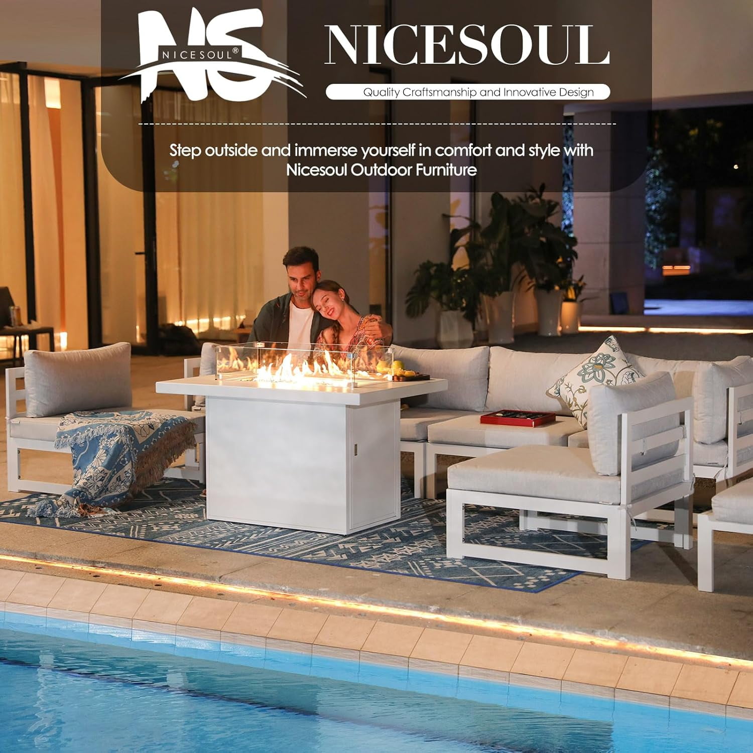 RADIATA Aluminum Outdoor Furniture with Fire Pit Patio Sofa Conversation Set White 6 Seating
