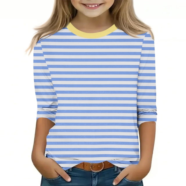 MKOSPLRT T-Shirts Rayés pour Fille Manches 3/4 Hauts Décontractés Col Rond T-Shirts à Blocs de Couleur Confortables pour Sortir Offres en Liquidation