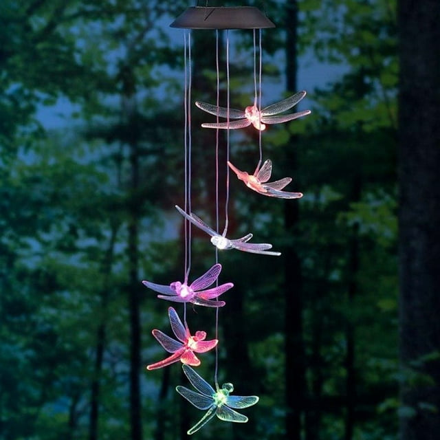 EeaseMX Campanas de viento solares móviles con luz LED que cambian de color, colgantes de libélula, campanas eólicas para jardín, accesorios de decoración del hogar (color aleatorio)