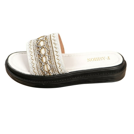 OJSFQUFP Sandals Womens Ladies Fashion Ethnic Style Woven Print Open Toe Flat Bottom Beach Sandals Soft Sole Outdoor Beach Shoes Slip On Slippers White 40