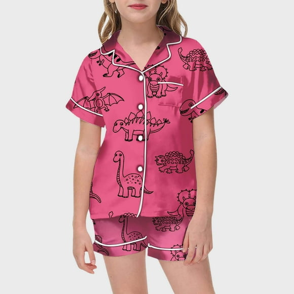 Teen Silk Pajama Set for Girls Boys Dinosaur Pajamas Button Down Homewear Set Pjs Sleepwear Outfits Christmas Girls Pajamas 12-13 Years Kids Clothes
