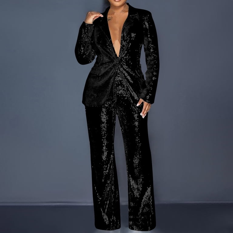 sexy black suits for women Ladies Business Casual Blazer Sets Sexy V Neck Bow Belted Jacket and Solid  Color Slim Fit Pants Suits 2 Piece Outfits Black main image 0