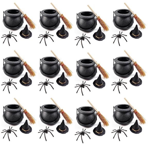 48Pcs Halloween Mini Witch Cauldron Set, Small Cauldrons with Spider, Broom, Witch Hat for Party Favor Candy Holder Decor