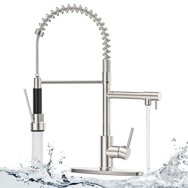 GPED Grifo de Cocina con Rociador de 2 Funciones, Grifo de Fregadero de Cocina con Rociador Extraíble, Acero Inoxidable SUS304 y Doble Cabezal, Grifo de Cocina de Arco Alto de una Sola Manija con Res