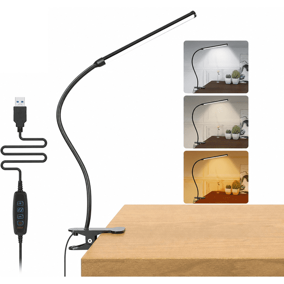 LED Clip-on Desk Lamp, 3 Color Temperatures & 5 Brightness Levels, Flexible Gooseneck Reading Light with Strong Clamp, Flicker-Free Eye-Caring Desk Light, USB Plug-in Lamp for Reading, Study & Work