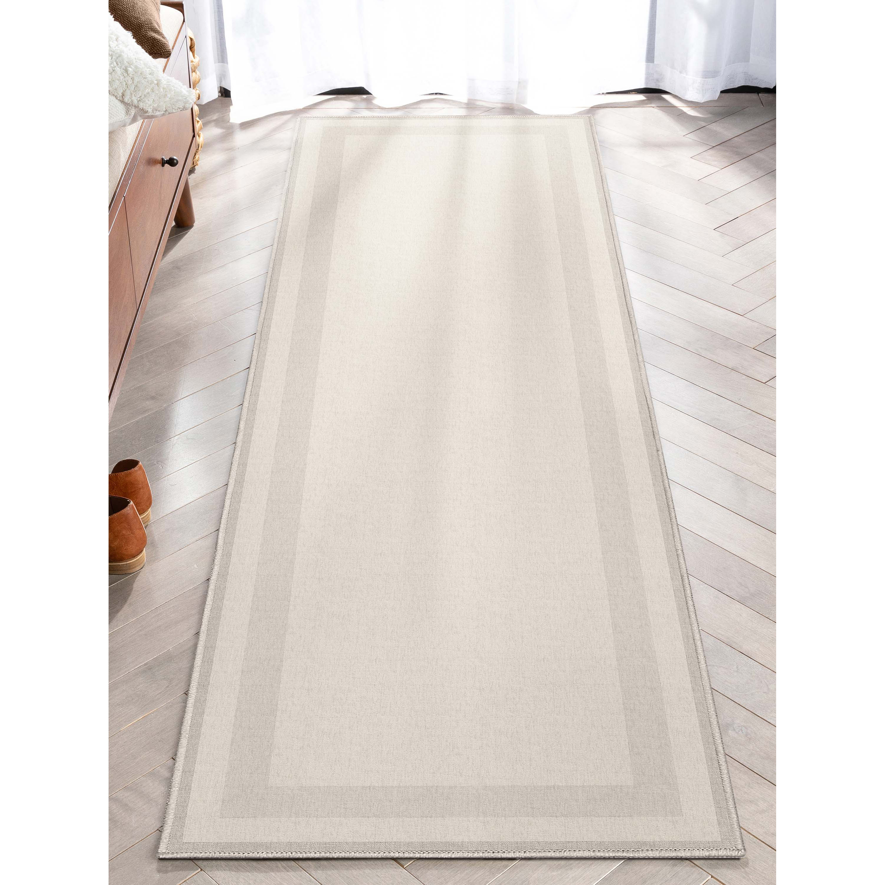 Well Woven Modern Plain Border Cream Flat Pile Easy to Clean 2' x 5' Runner Rug for Hallway Entryway Stair and Kitchen