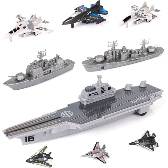 TYMZDYN 9 Pack Army Toys - Launching Military Aircraft Carrier Toys Set Military Naval Ship with Battleship, Supply Ship, Fighter Jets, Aircraft Carrier Model Kit Cool Toys