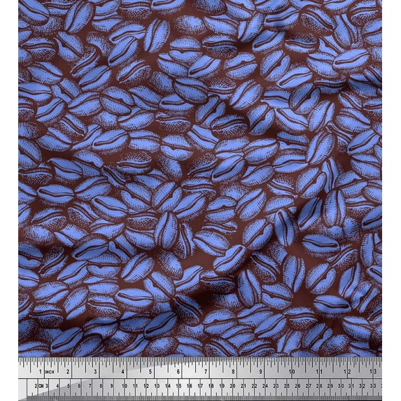 Soimoi Blue Georgette Viscose Fabric Coffee Beans Food Print Fabric by Yard 42 Inch Wide