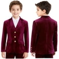 thumbnail image 3 of Hansber Boys Velvet Blazer Kids Tuxedo Suit Jacket Classic Fit Lapel Collar Single Breasted Long Sleeve Coat Burgundy 6, 3 of 7