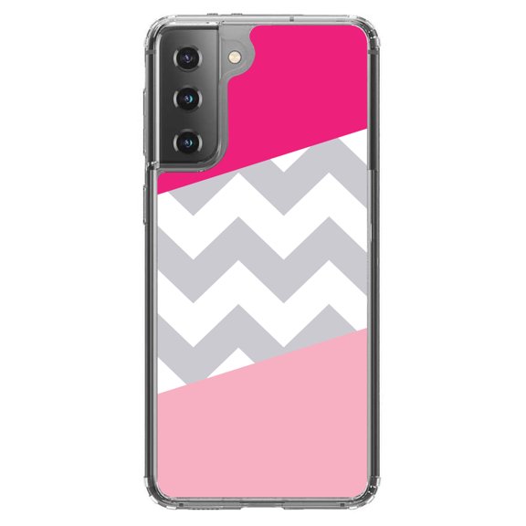 DistinctInk Clear Shockproof Hybrid Case for Galaxy S21 5G (6.2" Screen) - TPU Bumper, Acrylic Back, Tempered Glass Screen Protector - Hot Pink Block Grey Chevron - Chevron Stripes