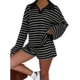 thumbnail image 2 of Women'S Striped Knit Collared Long Sleeve Top and Shorts Two-Piece Outfit Set, 2 of 9