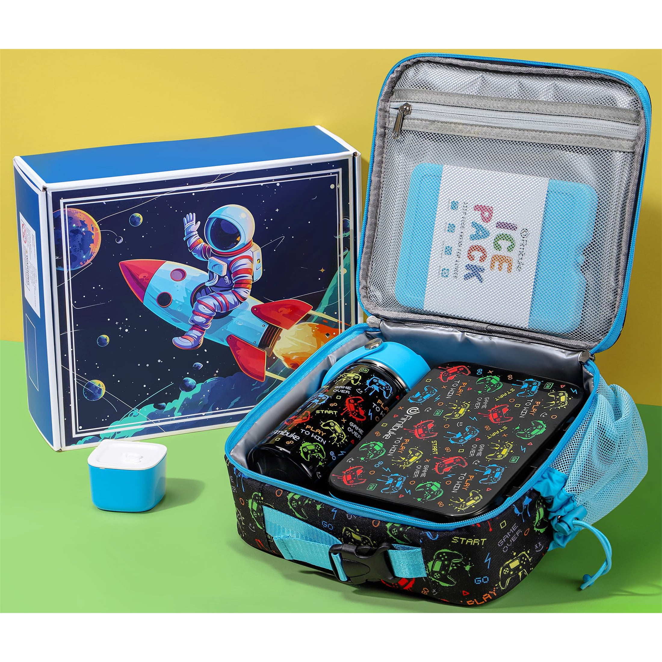 Bento Lunch Box Set - Snack Bento Box Container with 3 Compartments, Stainless Steel Water Bottle, Insulated Lunch Bag, Sauce Cup, Ice Pack Set (Gamepad)