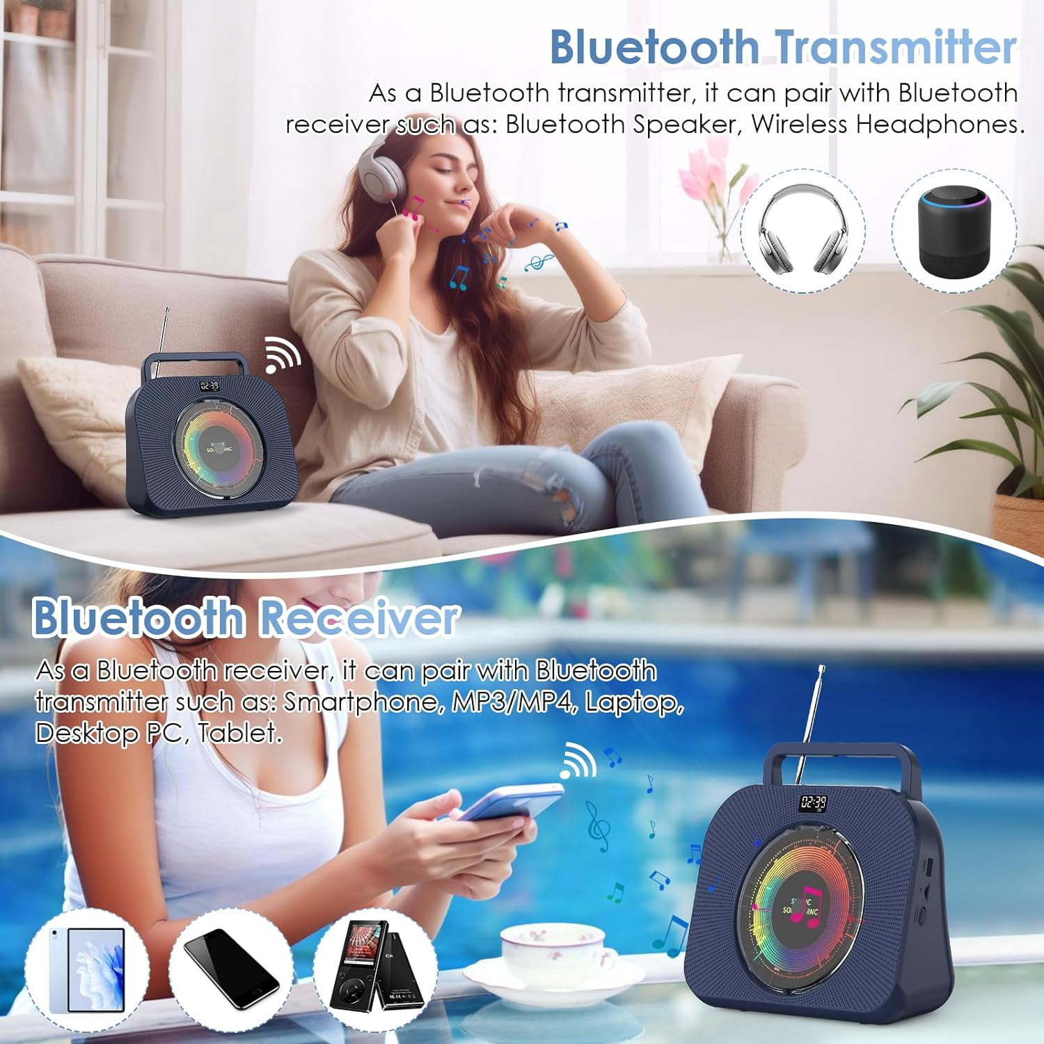 Gueray CD Player for Home, Bluetooth Desktop CD Player with Speakers, Headphone Jack FM Radio CD Player with Remote Control