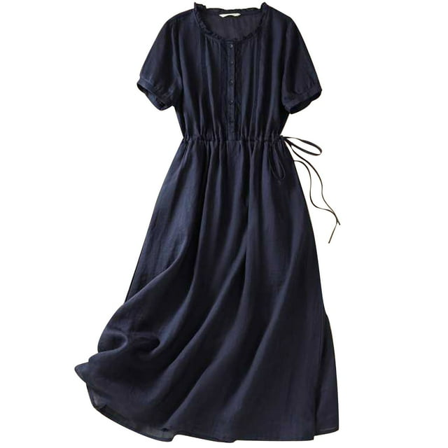 Staron Robe pour Femme Liquidation à Moins de 10 $ Robe Bohème en Coton et Lin Unie Fluide Midi Plissée Col Rond Décontractée d'Été