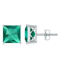 Rosec Jewels Princess Cut Created Emerald Solitaire Stud Earrings for Women - 8 mm - AAAA Grade, 925 Sterling Silver