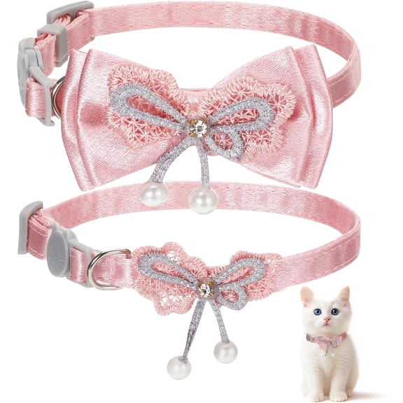 2Pack Adorable Cat Collar with Bow, Cute Kitten Collars for Girl Cats Pink Cat Bows & Accessories Breakaway Safety Cat Bowtie Collar