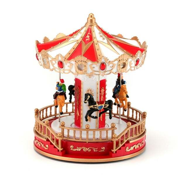 Figuras de carrusel navideño para decorar la repisa de la chimenea o la mesa del comedor. Carrusel musical navideño con luces integradas. Caja de luz y música con carrusel de colores. Cuatro caballos