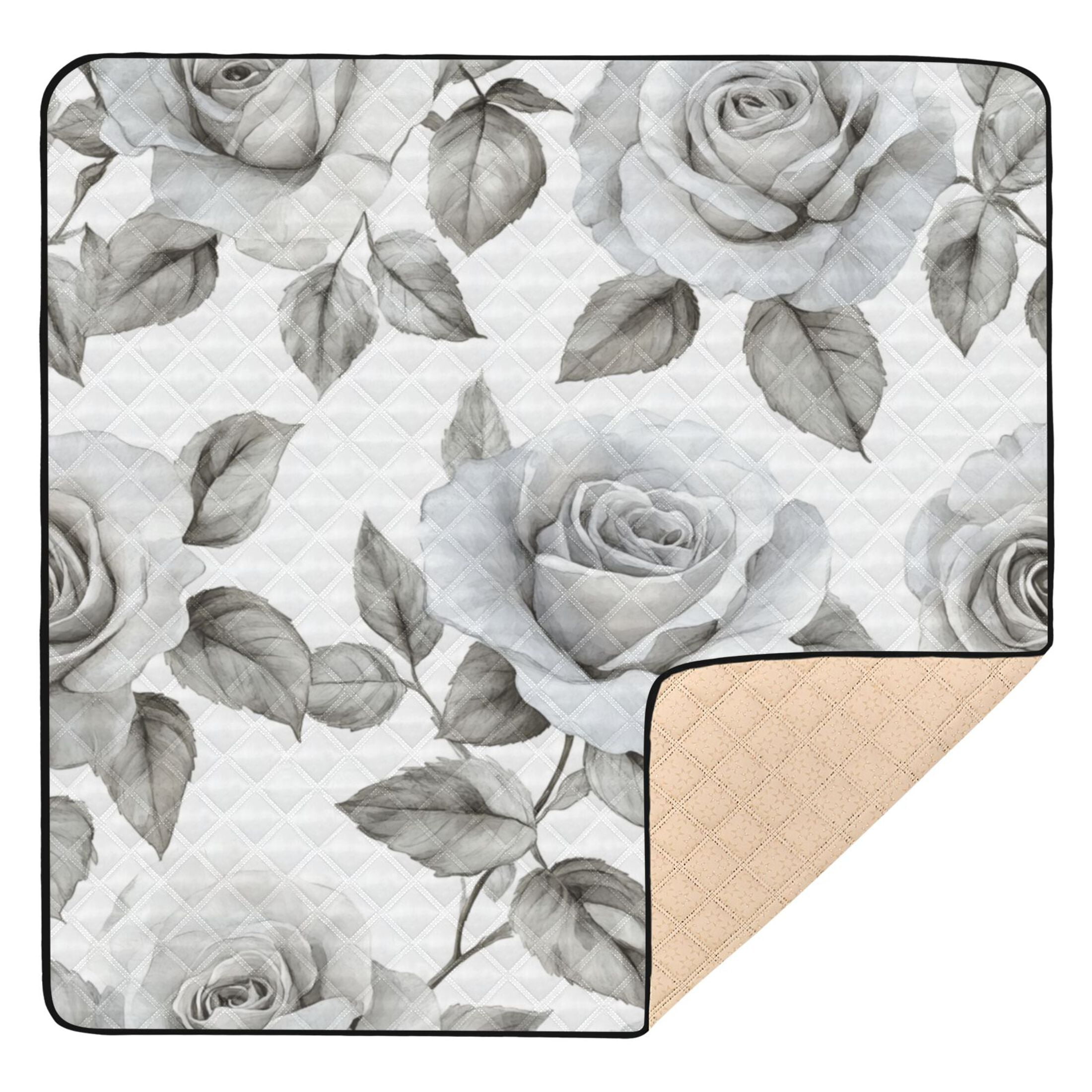 WOBOGO Rose Pattern in Gray and White Tones Baby Playmats Extra Large Waterproof Rollable Activity Pads for Toddlers 50×50inch
