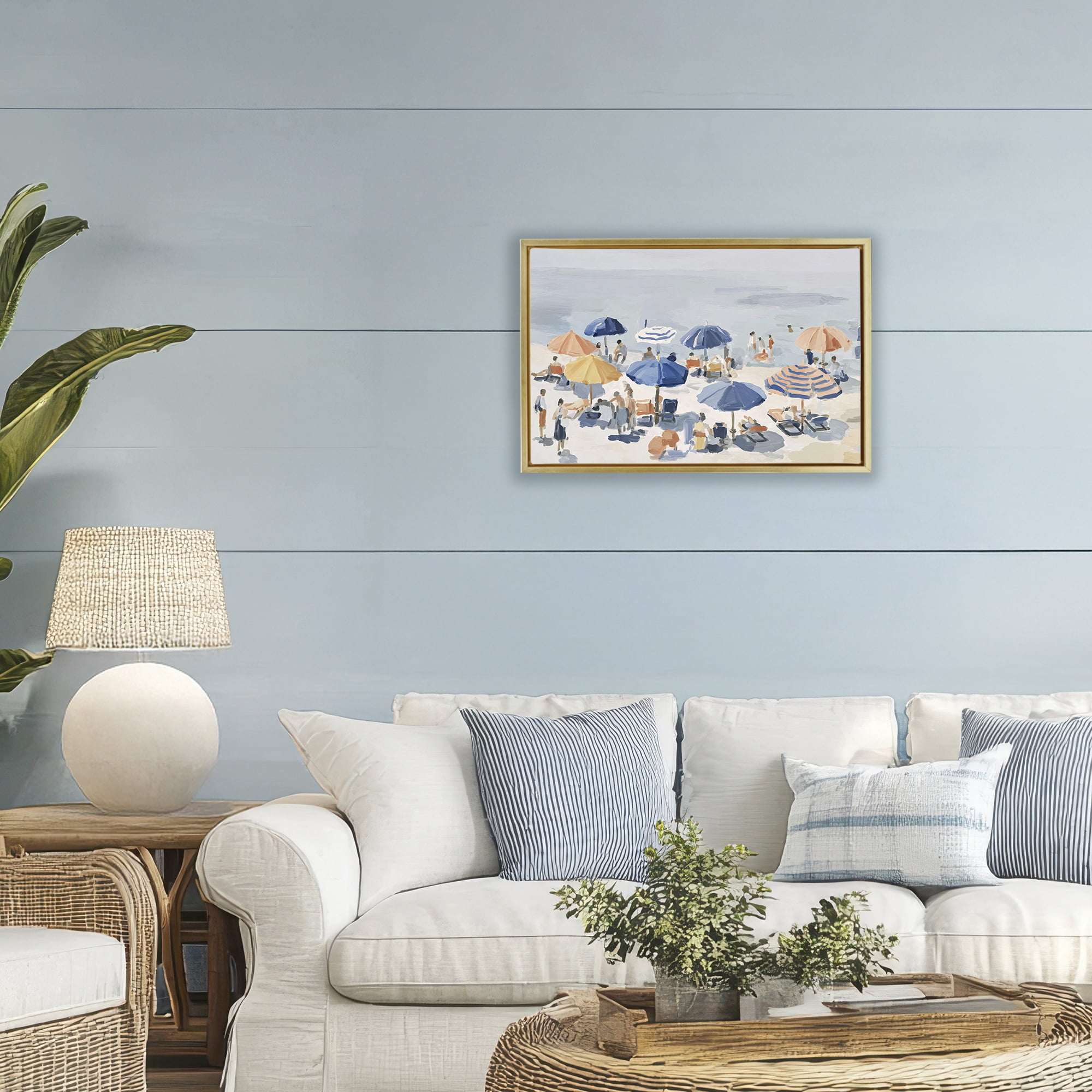 Stupell Industries Summer Fun Beach Crowd Gold Framed Floater Canvas Wall Art, design by Jacky Ngan