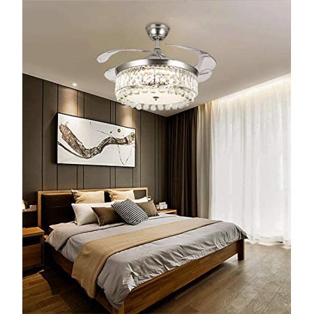 

Datingday Crystal Ceiling Fans with Lights 42 Inch LED 3 Color Remote Control Retractable Invisible Blades 3 Speeds Indoor Ceiling Light Kits with Fans for Decorate Living Room Bedroom