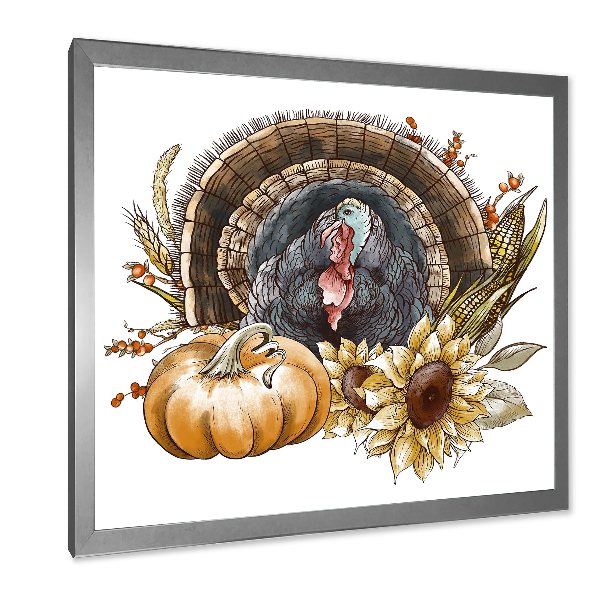 Designart 'Thanksgiving Vintage Turkey Pumpkin and Sunflowers ' Farmhouse Framed Art Print