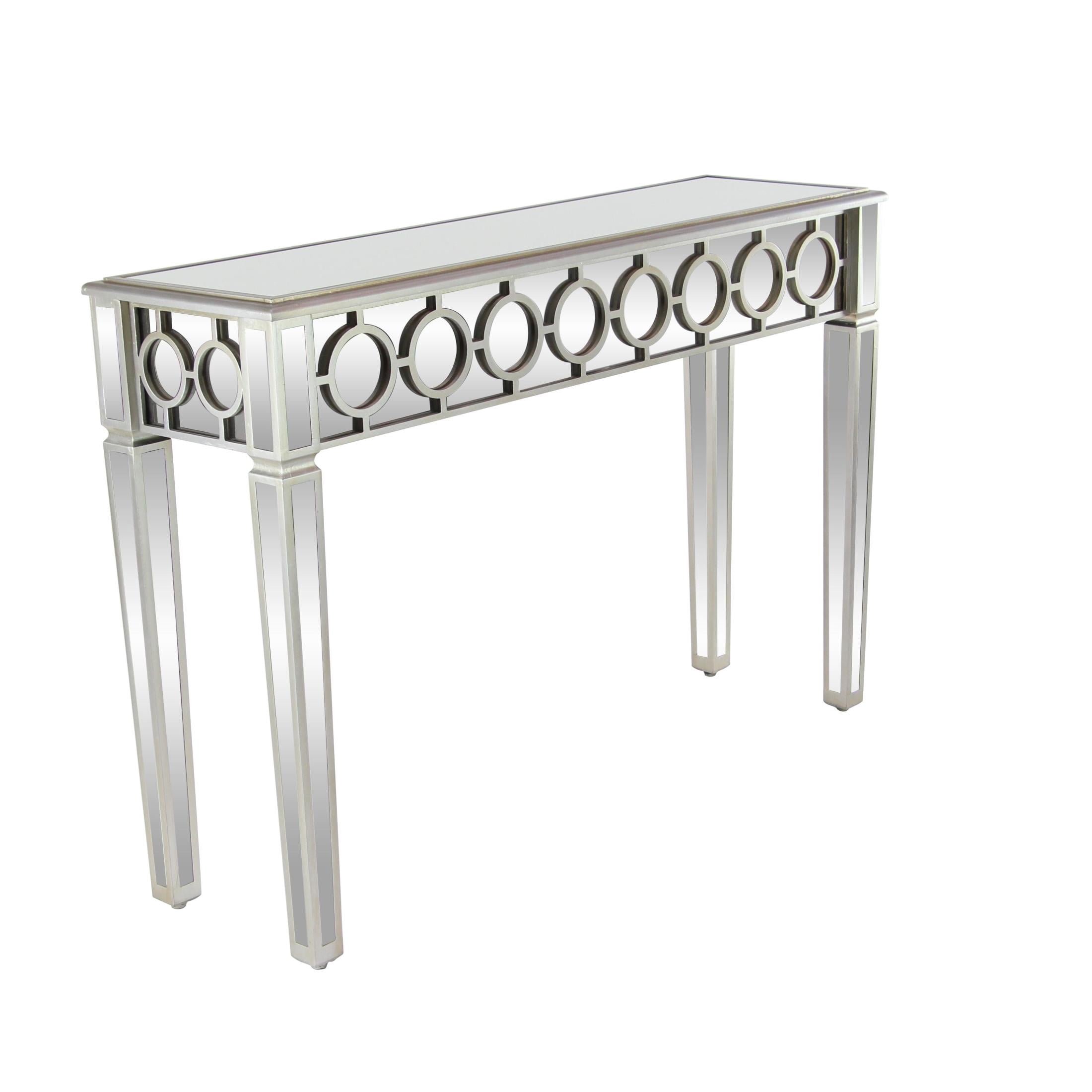 DecMode 47" x 32" Silver Glass Mirrored Geometric Console Table with Circular Panel Inlay, 1-Piece