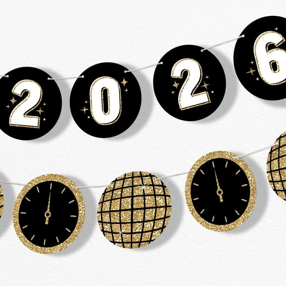 Big Dot of Happiness Hello New Year Garland Banner, 2026 New Year's Eve Black & Gold Party Decorations Backdrop, 30 Feet of Cord, 15 Paper Disco Balls, NYE Midnight Clock Shapes Double-Sided