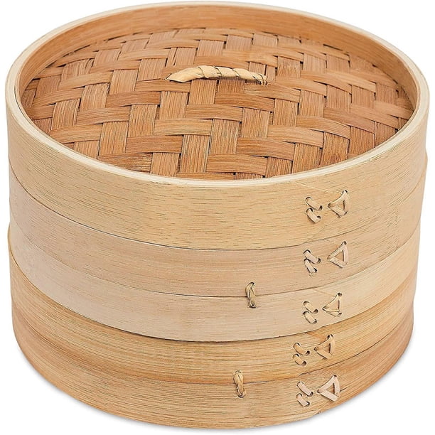 BirdRock Home 8 Inch Bamboo Steamer for Cooking Vegetables and Dumplings - Classic Traditional 2 Tier Design - Great for Dim Sum, Chicken, Fish, Veggi
