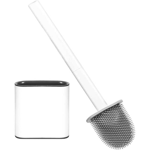 Escobilla de Inodoro de Silicona, Escobilla de Inodoro Blanca con Soporte de Secado Rápido Tamaño 389 * 98 * 43 mm, Escobilla de Inodoro con Mango Largo Extraíble, Escobilla de Inodoro para Pared/Sue