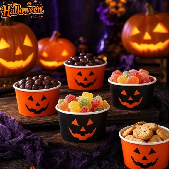 10 Pack Disposable Halloween Jack O Lantern Paper Bowls, Pumpkin Face Snack Treat Cups For Ice Cream Popcorn Candy Dessert, Halloween Themed Tableware Supplies For Party Spooky Season Home Decor