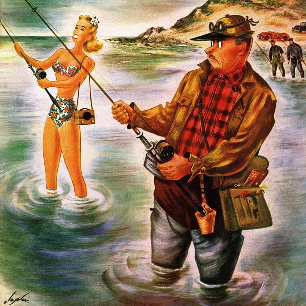 "Bikini Fishing" Painting Print on Wrapped Canvas