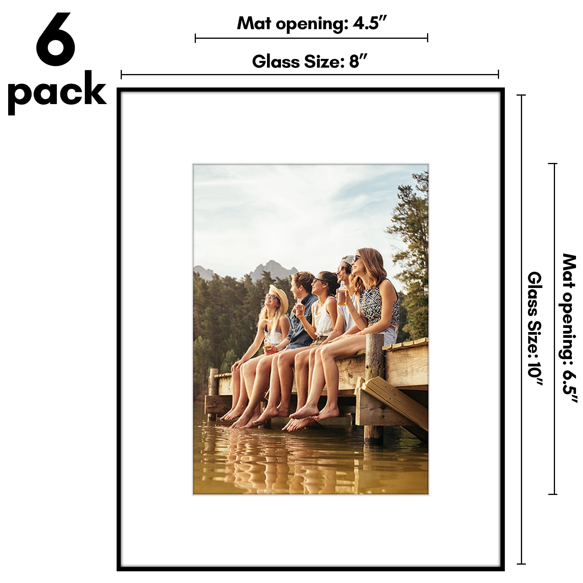 Americanflat 8x10 Front Loading Picture Frame with Shatter-Resistant Glass with 5x7 Mat 6 Pack Photo - Black