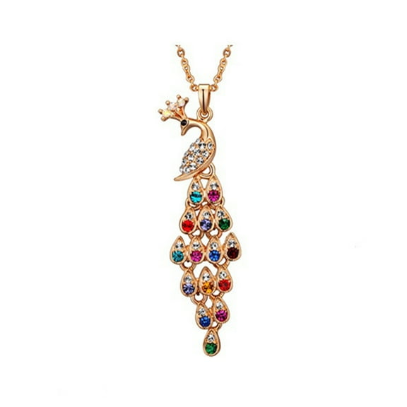 rygai Women Multi-color Long Peacock Rhinestone Wedding Sweater Necklace-Golden
