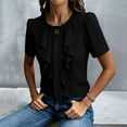 thumbnail image 5 of WAGUTH Women's Elegant Ruffle Front Blouses Short Sleeve Round Neck Solid Color Tops for Casual & Office Business Wear,Black,XXL, 5 of 7