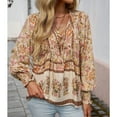 thumbnail image 4 of Defitshape Women's V Neck Floral Blouse Boho Top Long Sleeve Fall Lantern Sleeve Bohemian Soft Summer Holiday Fashion Shirt Apricot Medium, 4 of 4
