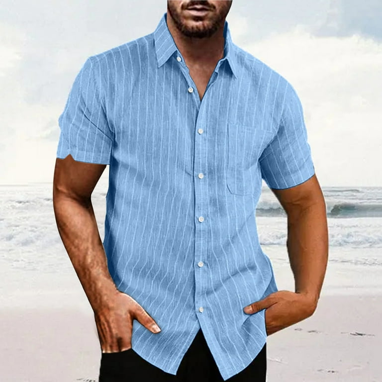 RYRJJ Button Down Short Sleeve Linen Shirts for Men Classic Striped Dress  Shirt Summer Casual Cotton Turndown Collar Beach Shirts(Sky Blue,XXL)