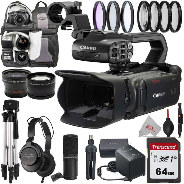 Canon XA60 Professional UHD 4K Camcorder PAL + HDU-4 Handle for XA60B Camcorder + Backpack + 58mm Macro Diopter Filter Set + 58mm Filter Kit + 58mm Telephoto, Wide Angle Lens + Zoom ZDM-1 Podcast Mic Pack Kit + 64GB Card + Dust Blower + Lens Pen + Cloth
