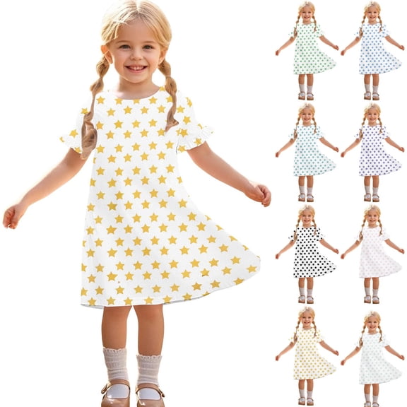 HBGVBA Toddler Girls Casual Short Sleeve Dresses,Summer Print Color Sundress,3-12 Years Crew Neck Ruffle Breathable Sweet Kids Dress