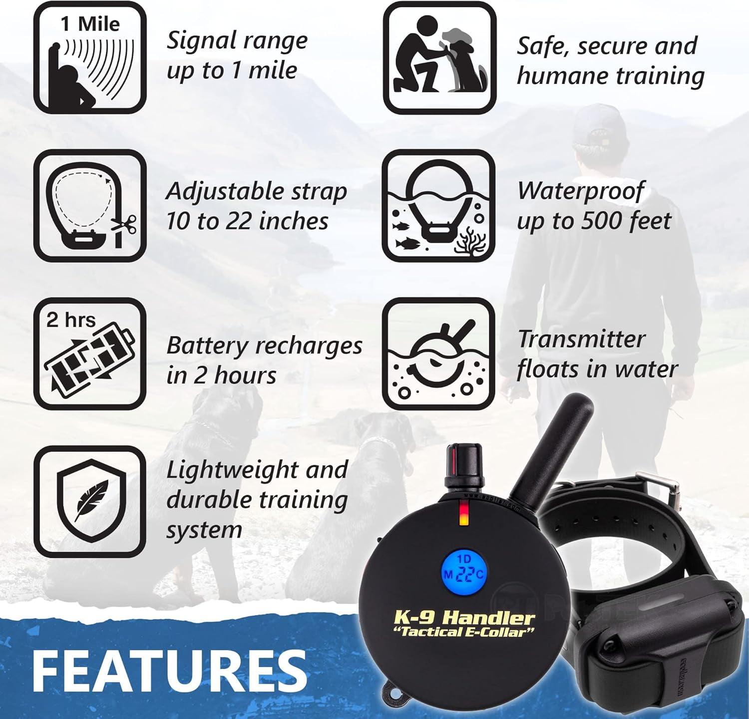 E-Collar K9-800 K9 Handler Professional E-Collar Dog Training Collar with Remote - Up to 1 Mile Range, Waterproof, Rechargeable, 100 Stimulation Levels, Vibration, Tone