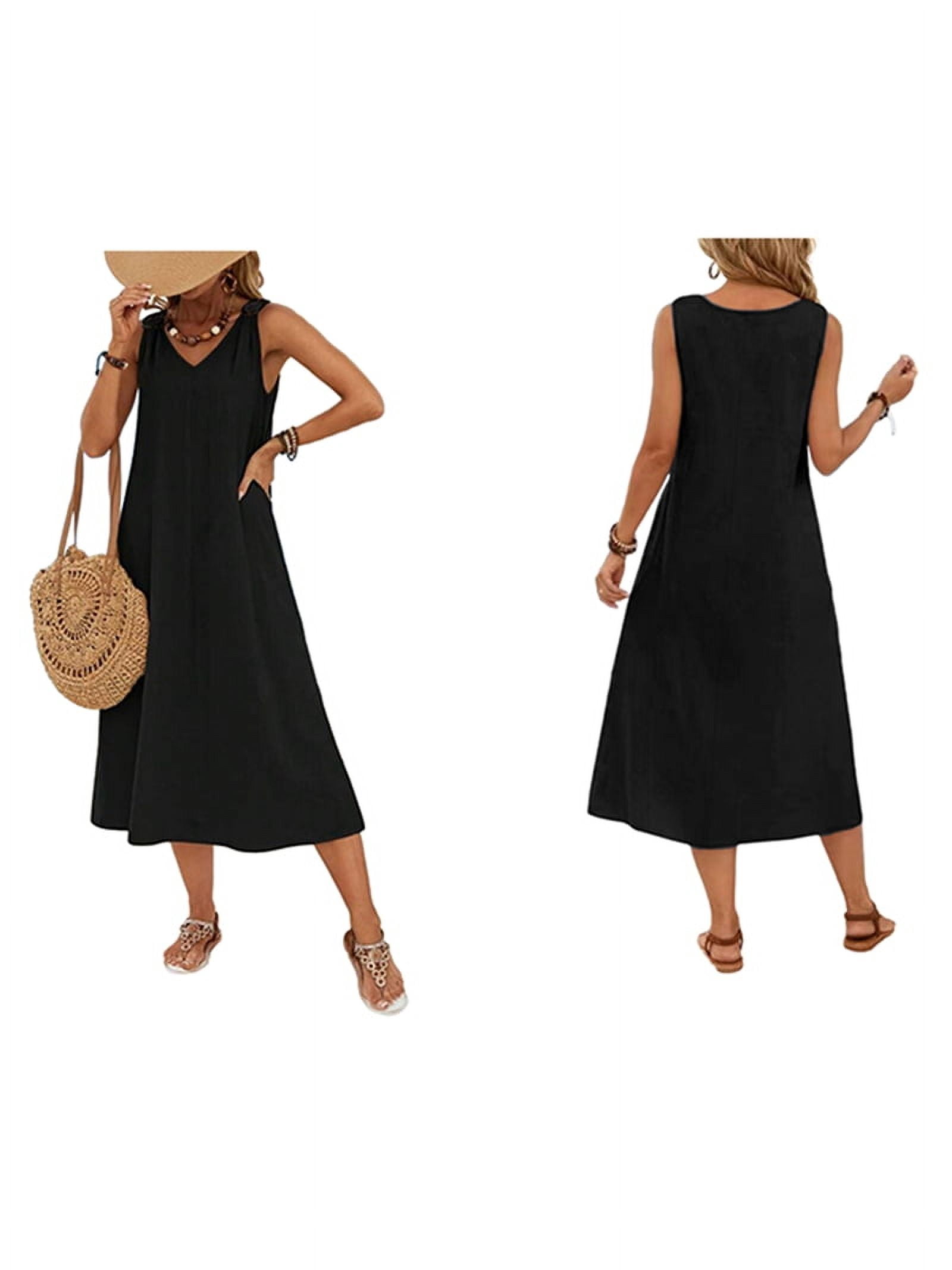 Dresses for Women Spring Summer Sleeveless V Neck Cotton Beach Casual Dress Black S