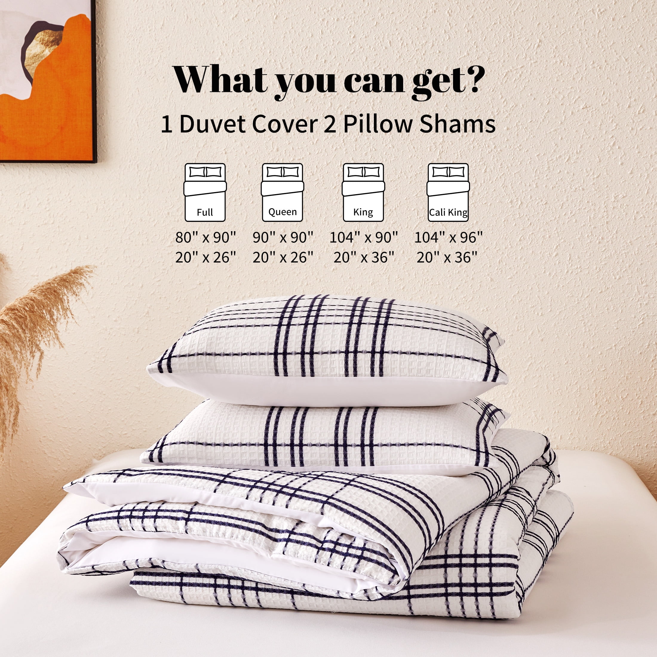 Sonive Waffle Duvet Cover Set Blue Grid, 3 Pieces Modern Pattern Waffle Weave with Pillow Sham, Full