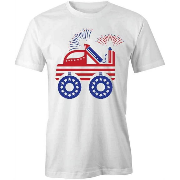 Monster Truck Fireworks T-Shirt | Patriotic American White Tee Gift