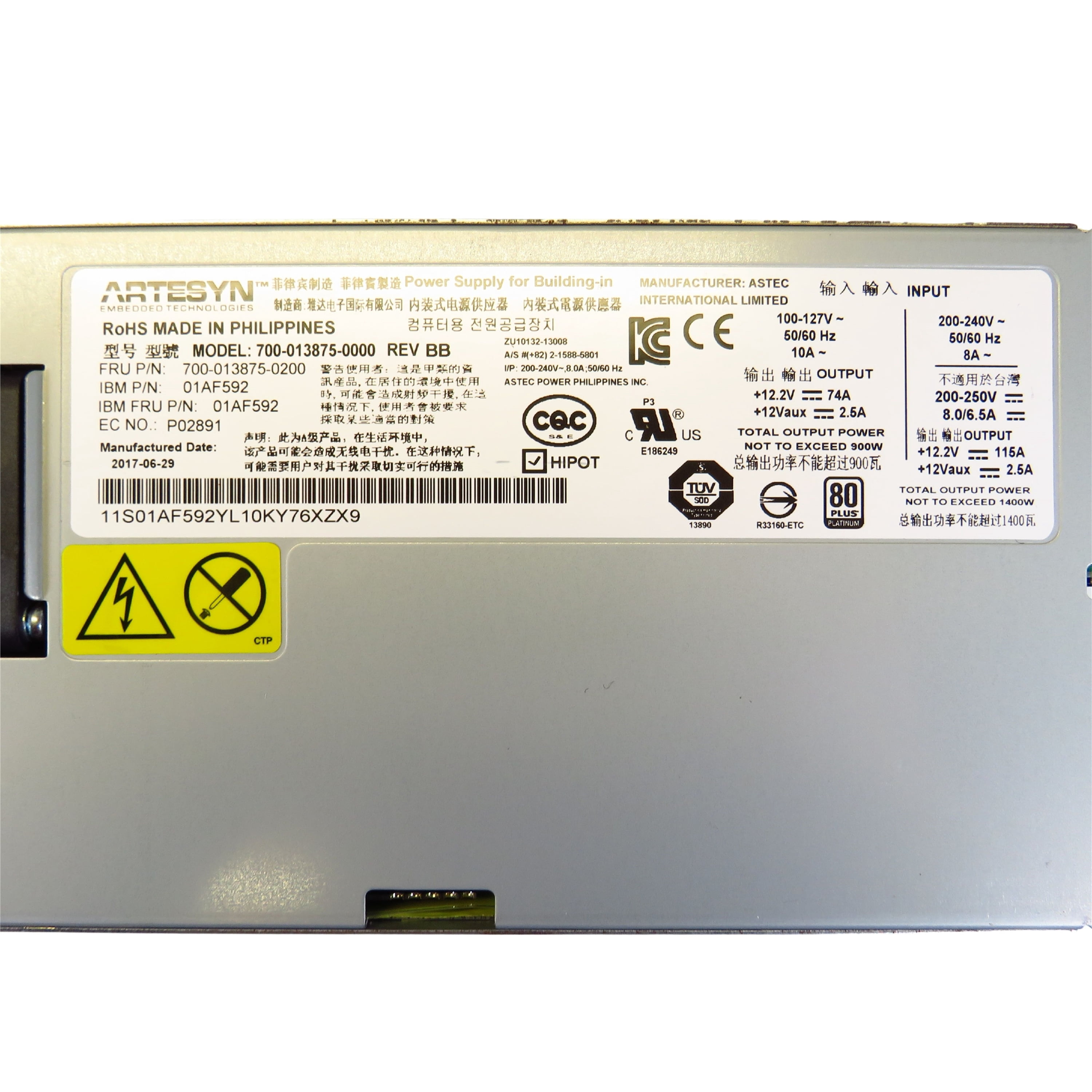 Pre-Ownded IBM 01AF592 1400W 80 Plus Platinum Server Power Supply (Good)