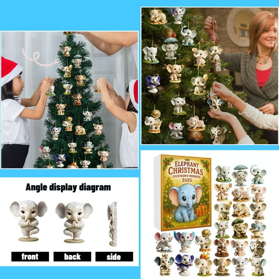 24-Pack Elephant Christmas Countdown Ornaments - 1.18 Inch 2D Flat Acrylic Christmas Tree Pendants with Glossy Finish for Christmas Decorations