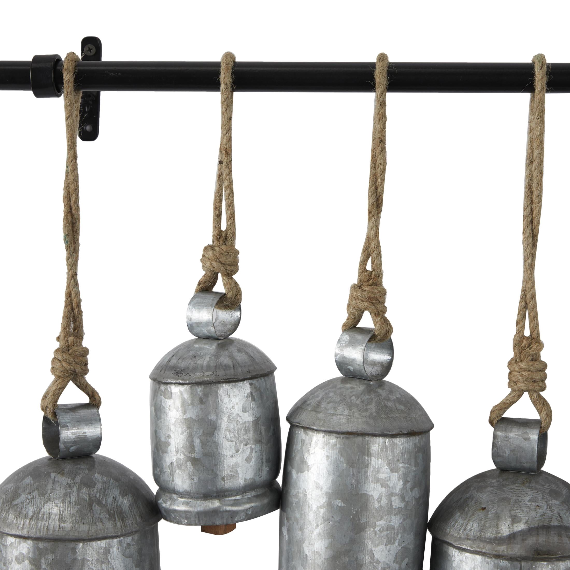DecMode Tibetan Inspired Silver Metal Cylindrical Decorative Cow Bells with 12 Bells on Jute Hanging Rope and Metal Rod