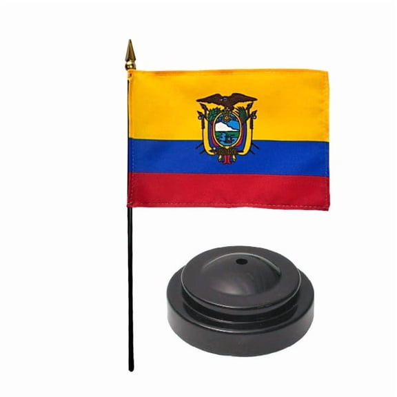 Ecuador Desk Flag with Base; American Made Rayon 4x6 inch Miniature Table Set Includes One Small Mini Country Stick Flags and One Black Stand (Ecuador Desk Flag and Base)
