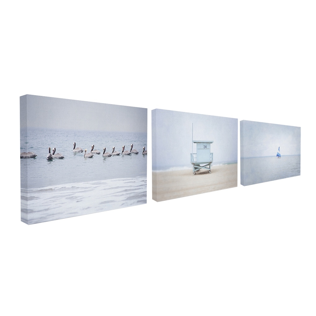 Stupell Misty Morning Ocean Birds Shack Boat 3pc Canvas Art, 16 x 20