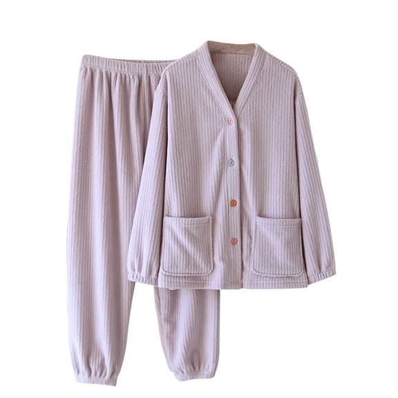 Annhoo Women's Flannel Outfits 2 Piece Long Sleeve Button down Tops with Pockets Pants Winter Comfy Warm Homewear