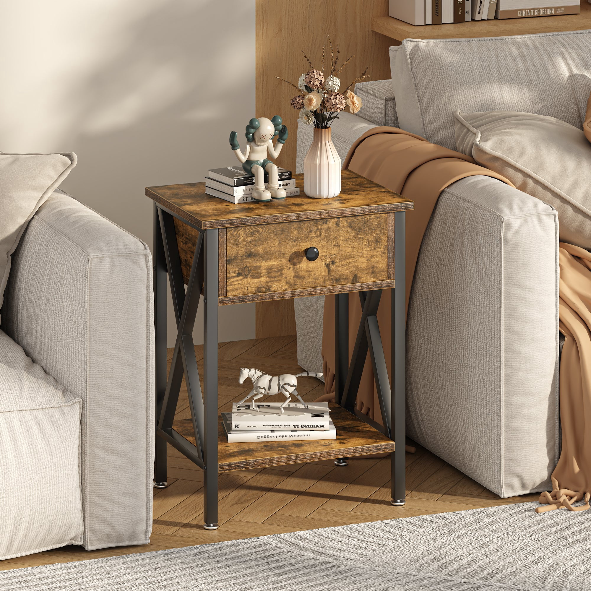 VECELO Nightstands Set of 2, Industrial End Table with 1-Drawer & Storage Shelf, Small Bedside Table Organizer for Small Space, Side Table for Bedroom Living Room, Antique Brown